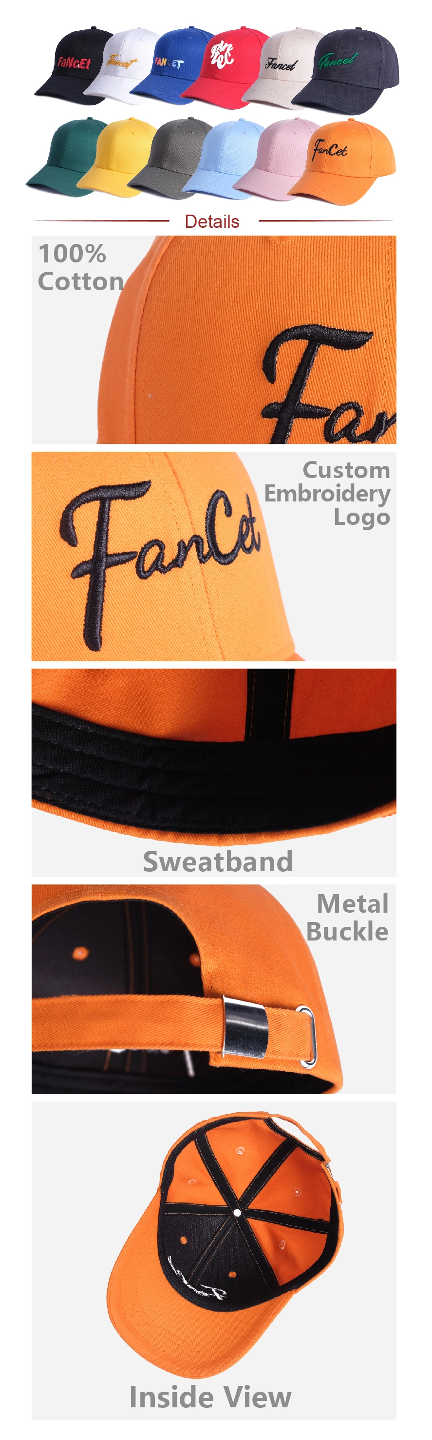 Embroidery Logo Wholesale Adjustable Cotton Customized 6 Panel Fitted Baseball Cap Hats