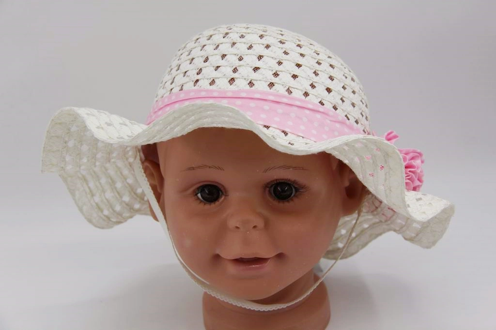 Baby Cute PP Straw Hat with Ribbon Bow Child Sunshade Cap with Wave Brim